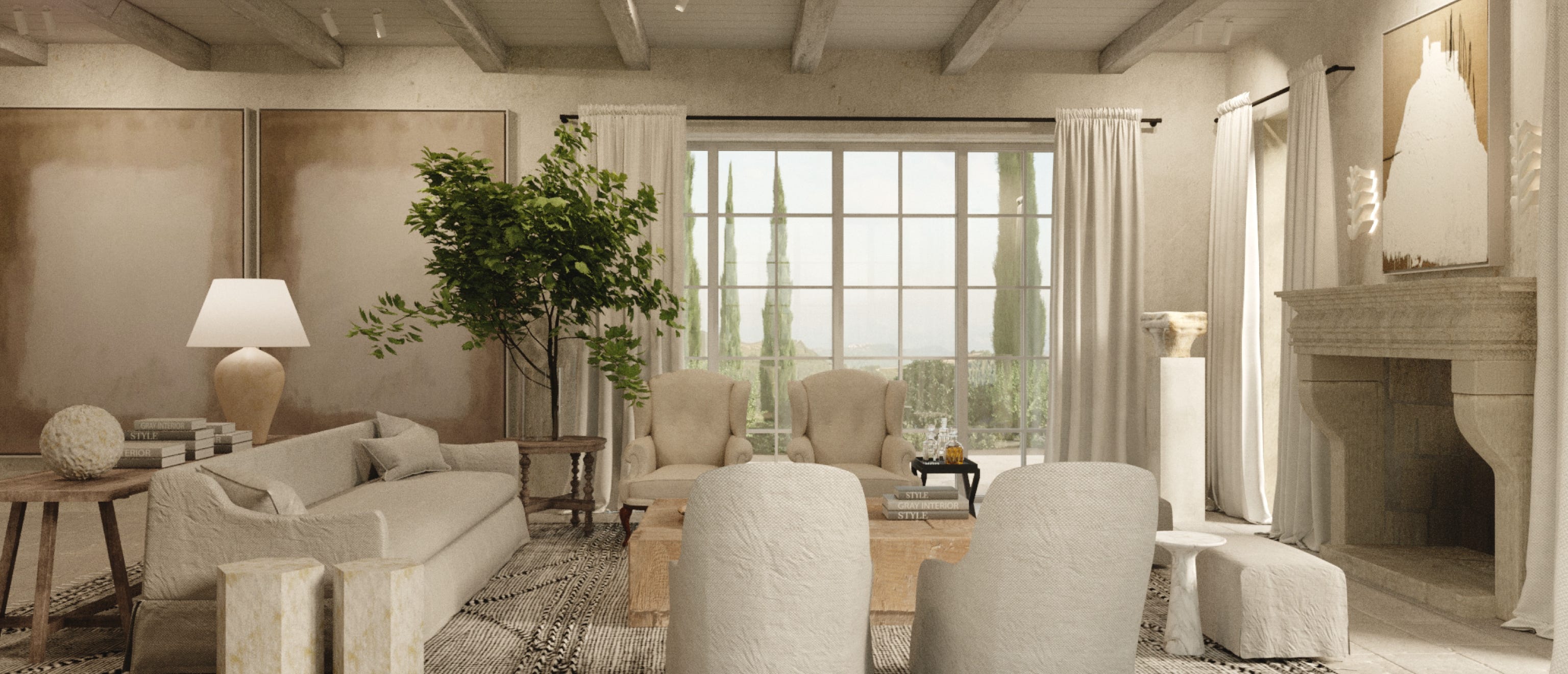 salone principale villa in corazia, realizzazione di tendaggi in lino bianco
