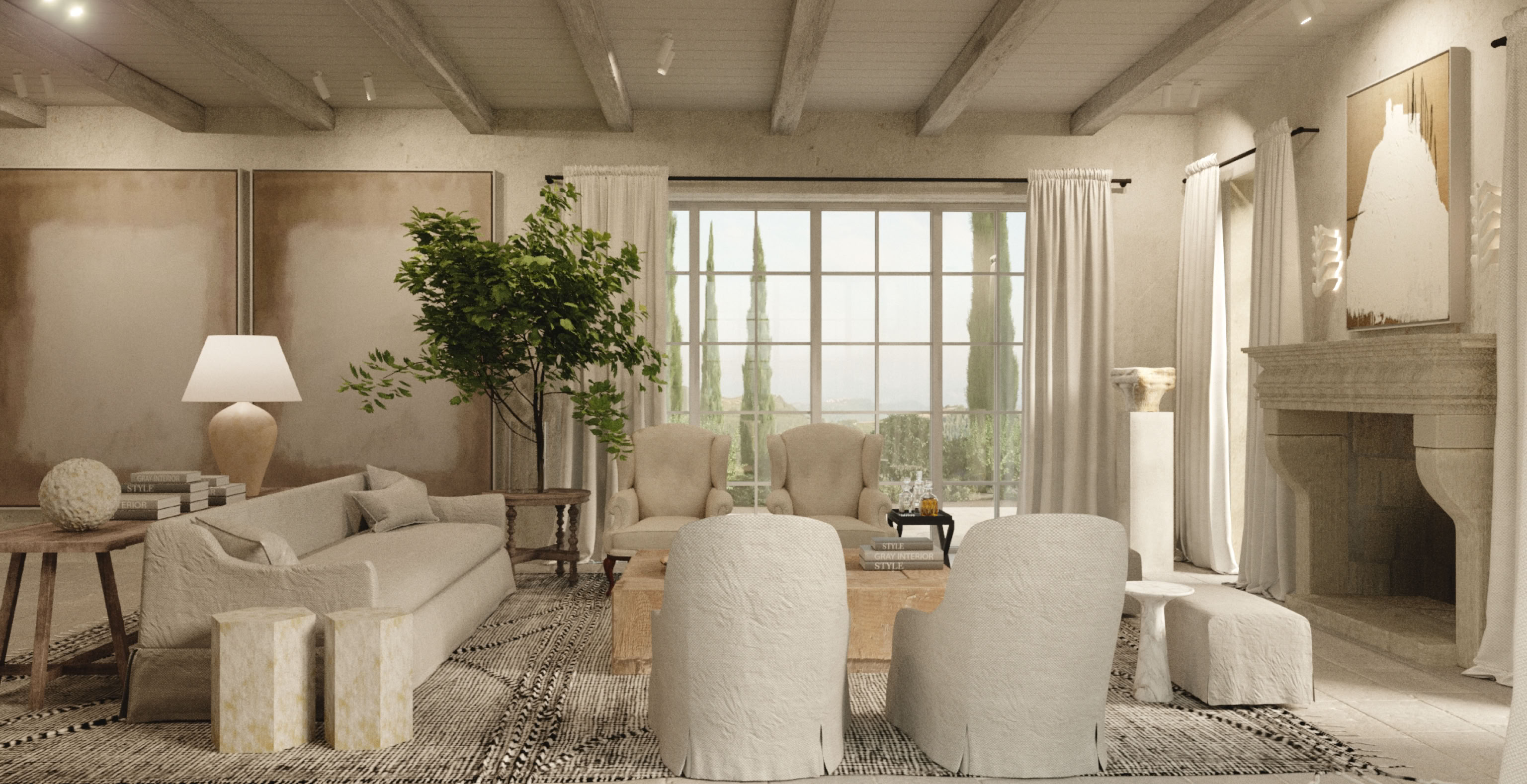salone principale villa in corazia, realizzazione di tendaggi in lino bianco
